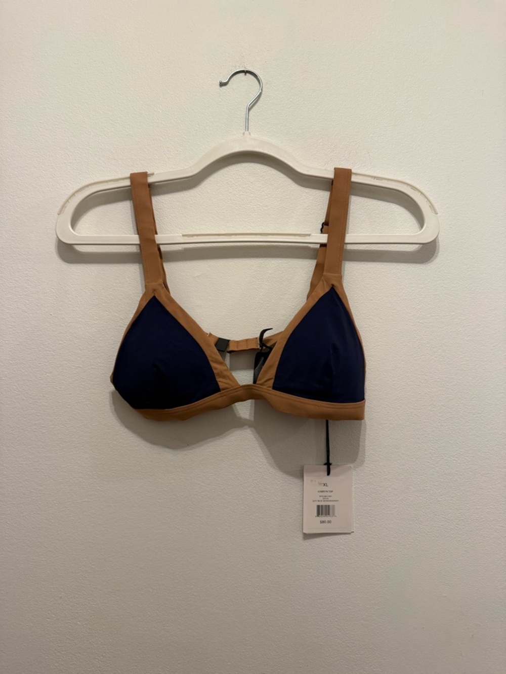 Onia $80 NWT Contrast-Trim Bikini Triangle Top in Navy and Tan Swim - Picture 7 of 7